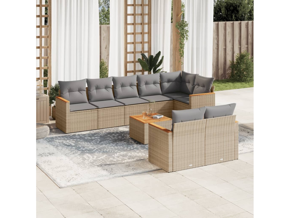 Vidaxl 9 Pcs Conjunto De Sofás P/ Jardim Com Almofadões Vime Pe Bege