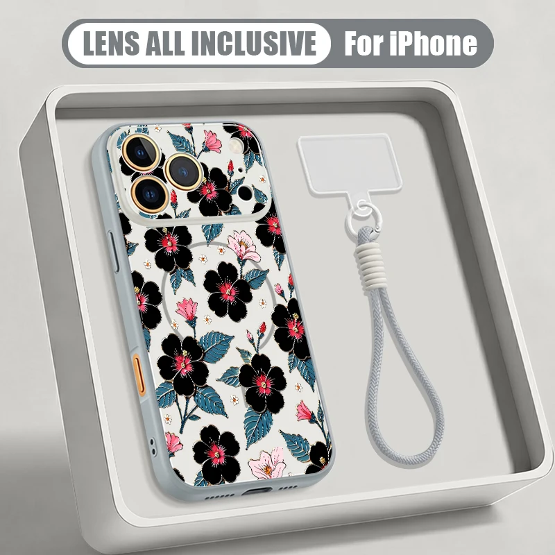 Capa Rígida Para Celular Com Cordão Magnético E Estampa De Flores De Desenho Animado (cinza).