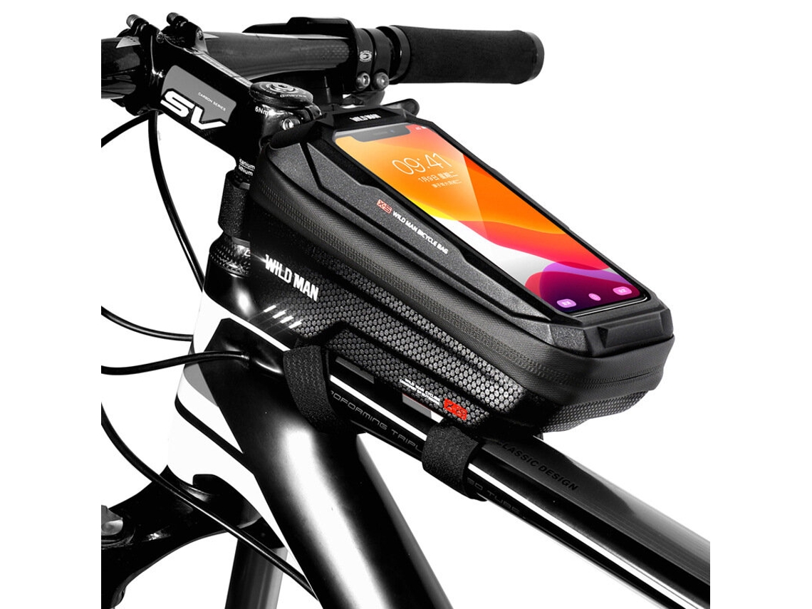 Wild Man Bolsa Bicicleta Impermeável Preta Celular 5.5-6.7" Tela Sensível Toque Quadro Frontal Tubo Superior Ciclismo Montanha Estrada Mtb