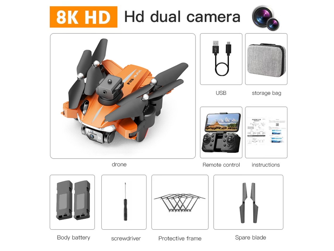 Drone Dobrável P11S com Câmera Dupla 8K e Prevenção de Obstáculos em 360 2 Baterias Duração Da Bateria: 20 Min Laranja