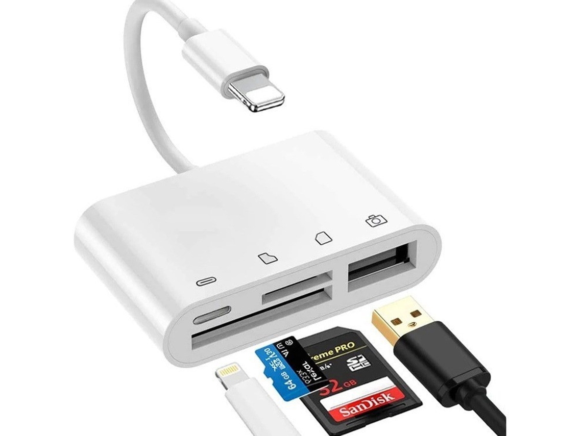 Leitor De Cartão Lightning 4 Em 1 Branco, Compatível Com Tf/sd/usb E Carregamento.