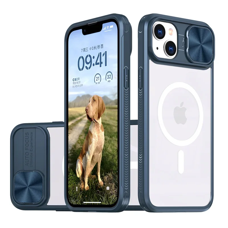 Capa Protetora Com Carregamento Sem Fio Magnético Magsafe (iphone 7 Plus, Azul) Com Tampa Deslizante De Acrílico Para Lente.