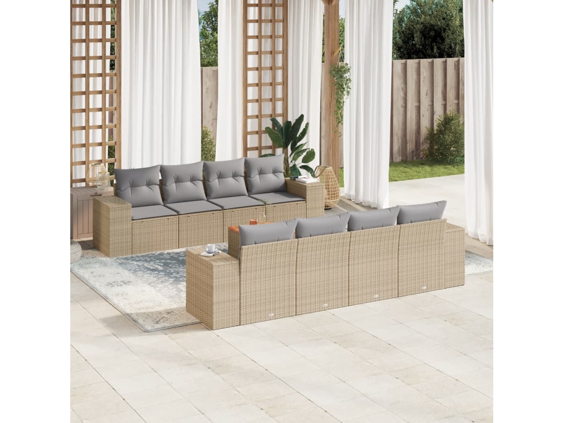 Vidaxl 9 Pcs Conjunto De Sofás P/ Jardim Com Almofadões Vime Pe Bege
