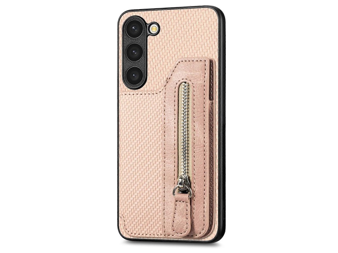 Capa Tipo Carteira Com Zíper E Aba Em Fibra De Carbono Para Samsung Galaxy S23+ 5g