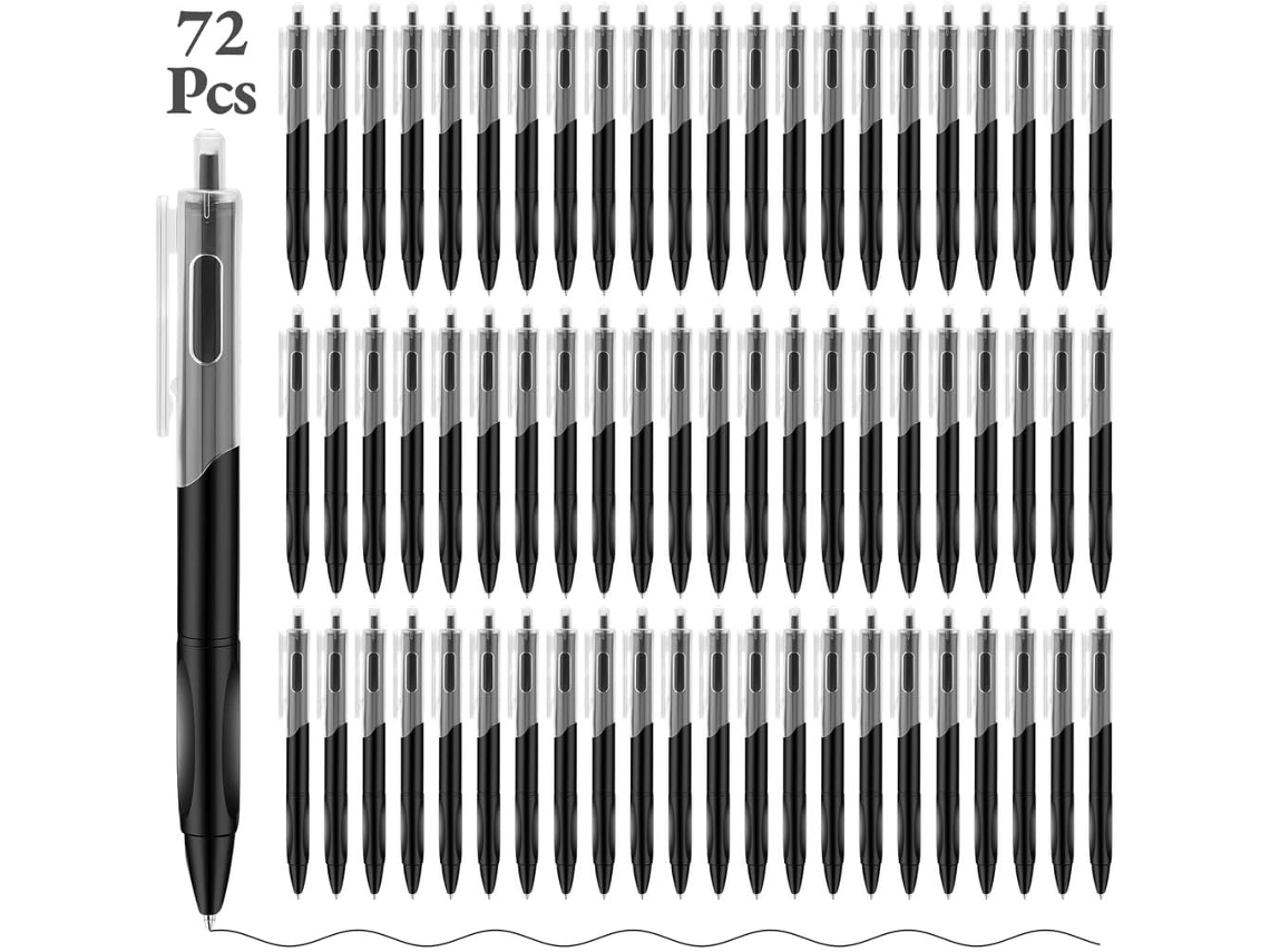72 Canetas Esferográficas Retráteis, De Gel Pretas Com Pega Borracha
