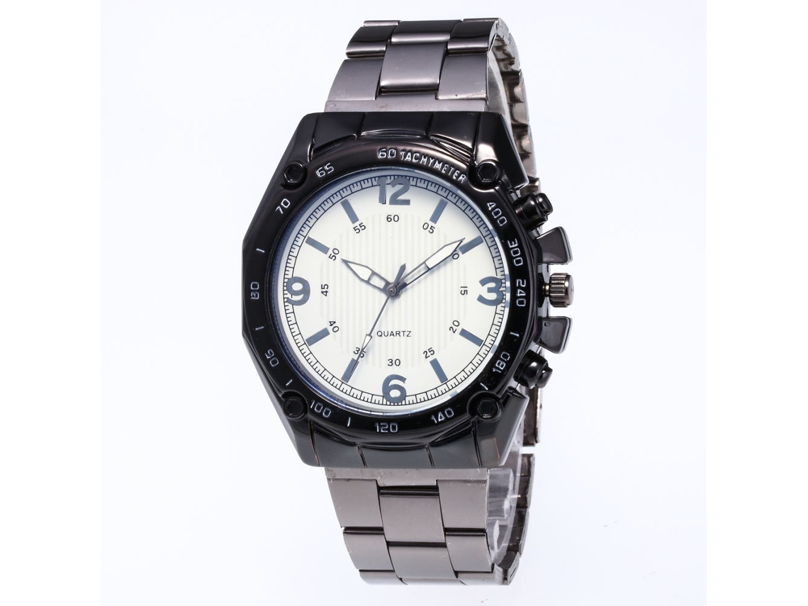 Relógio de pulso masculino elegante com pulseira de aço, caixa redonda, mostrador analógico e movimento de quartzo.
