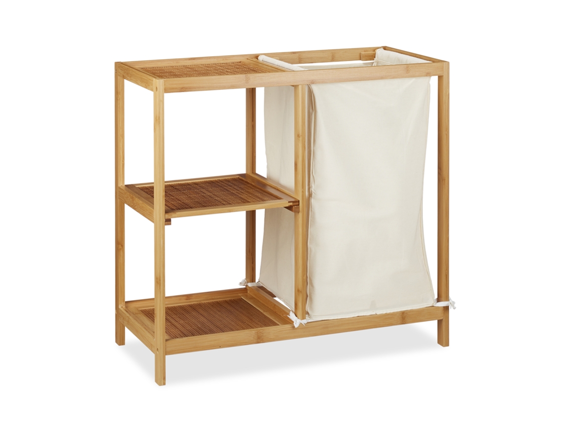 Relaxdays Prateleira De Banheiro Com Cesto, 3 Prateleiras, Saco Removível, Bambu, Axlxp 65x68x33 Cm, Natural