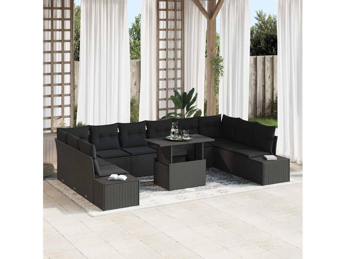 Vidaxl Conjunto De Sofá De Jardim Com Almofada Manual 11 Pcs Preto
