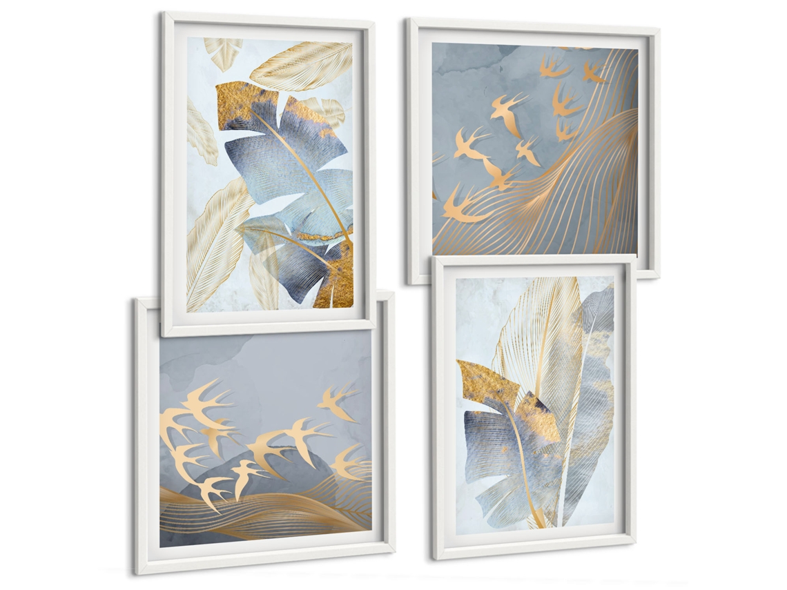 Composição De Quadros Pássaros Estilosos Folhas Tons De Cinza Espelharte (4 Peças)