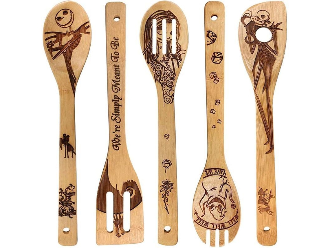 Conjunto de 5 colheres de madeira do Nightmare Before Christmas, padrão Jack Skellington | S/MARCA