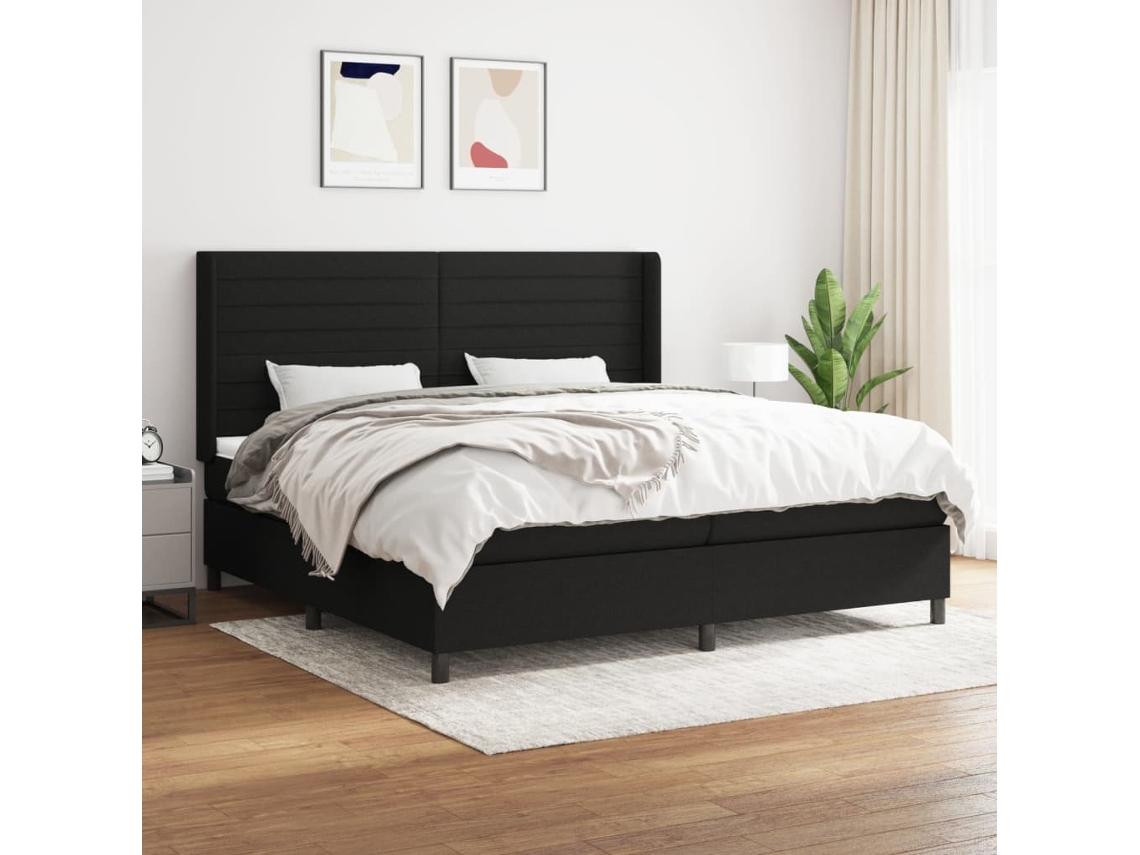 Cama Com Molas/colchão 200x200 Cm Tecido Preto