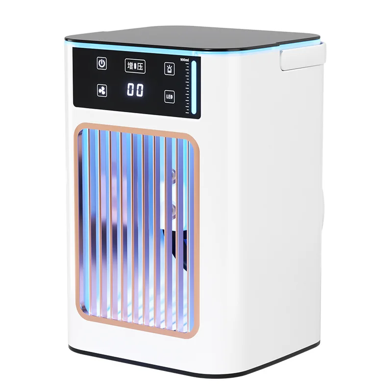 Ventilador portátil com ar condicionado, pequeno ventilador de resfriamento e umidificador de ar para uso doméstico.