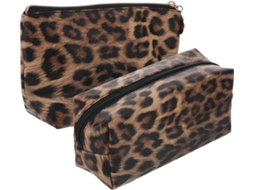 Conjunto De 2 Nécessaires De Maquiagem Com Estampa De Leopardo, Em Couro Pu Macio, Com Zíper Seguro.