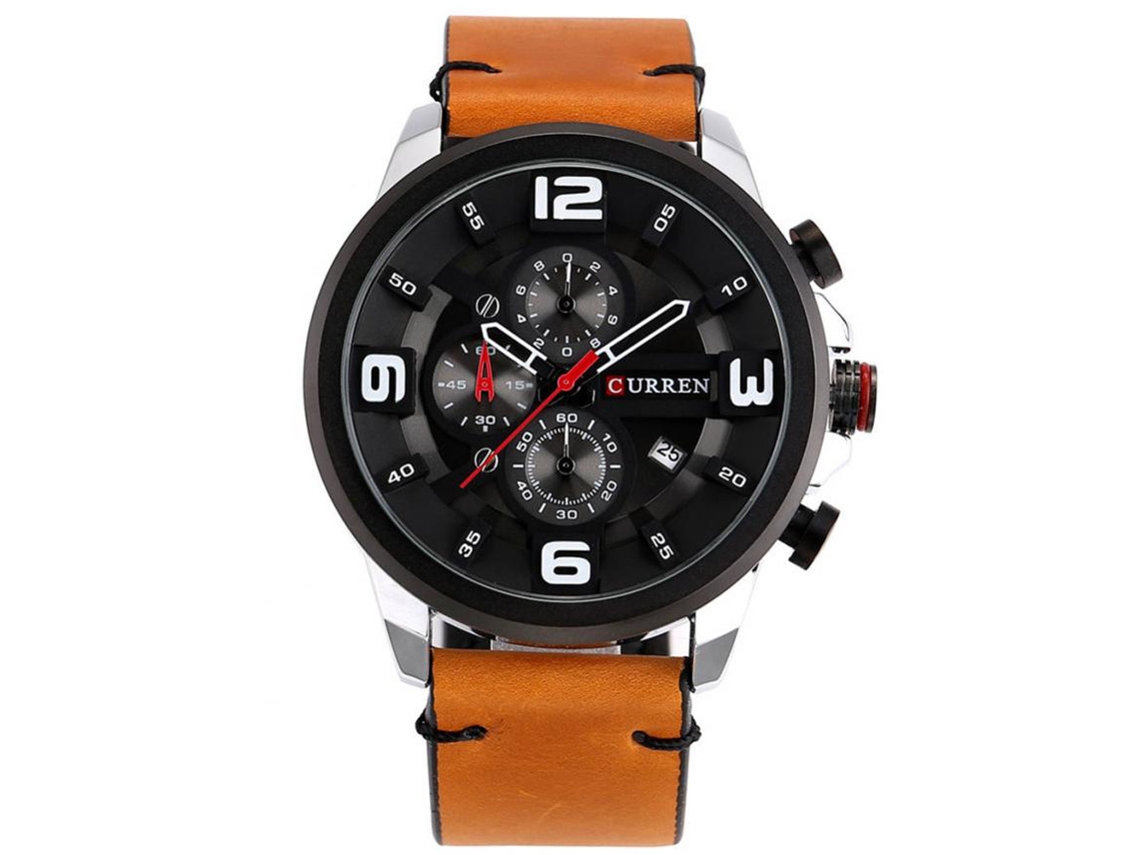 Relógio masculino Curren com 6 ponteiros, pulseira de couro PU, calendário, movimento de quartzo e à prova d'água.