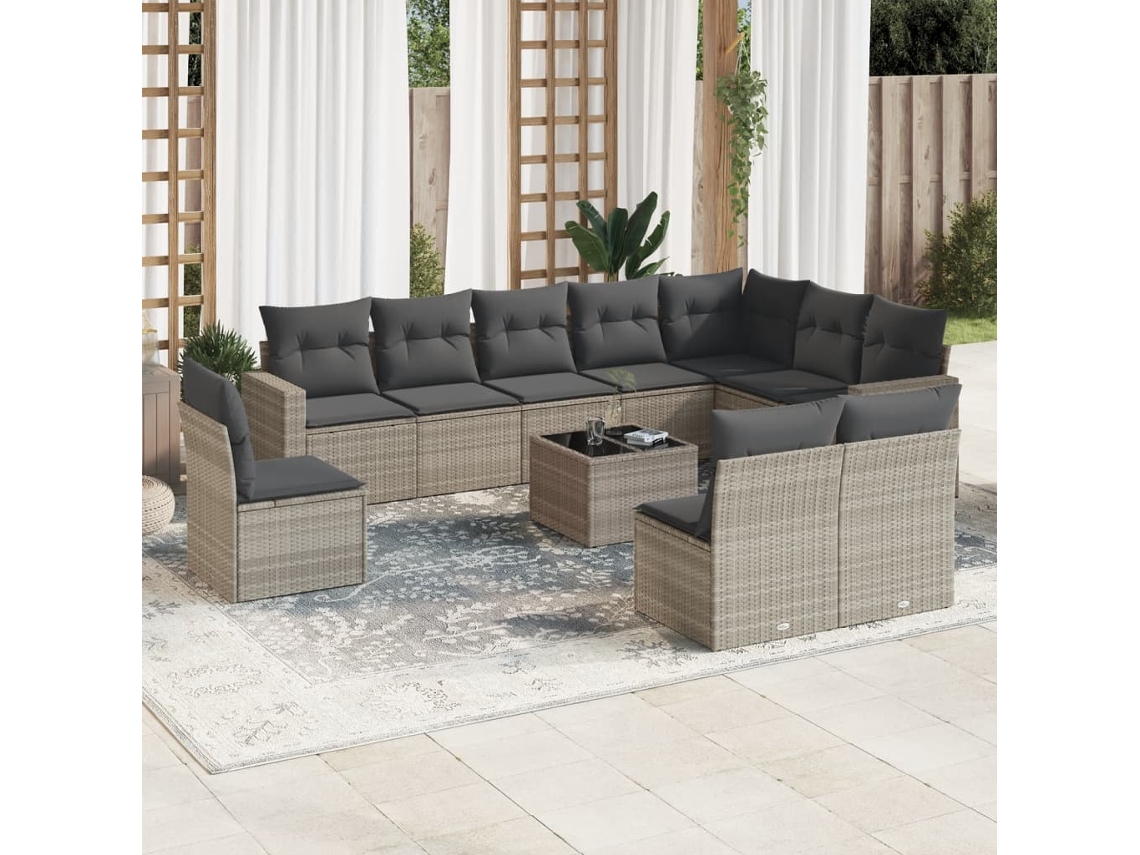 Vidaxl 11 Pcs Conjunto Sofás De Jardim C/ Almofadões Vime Pe Cinzento