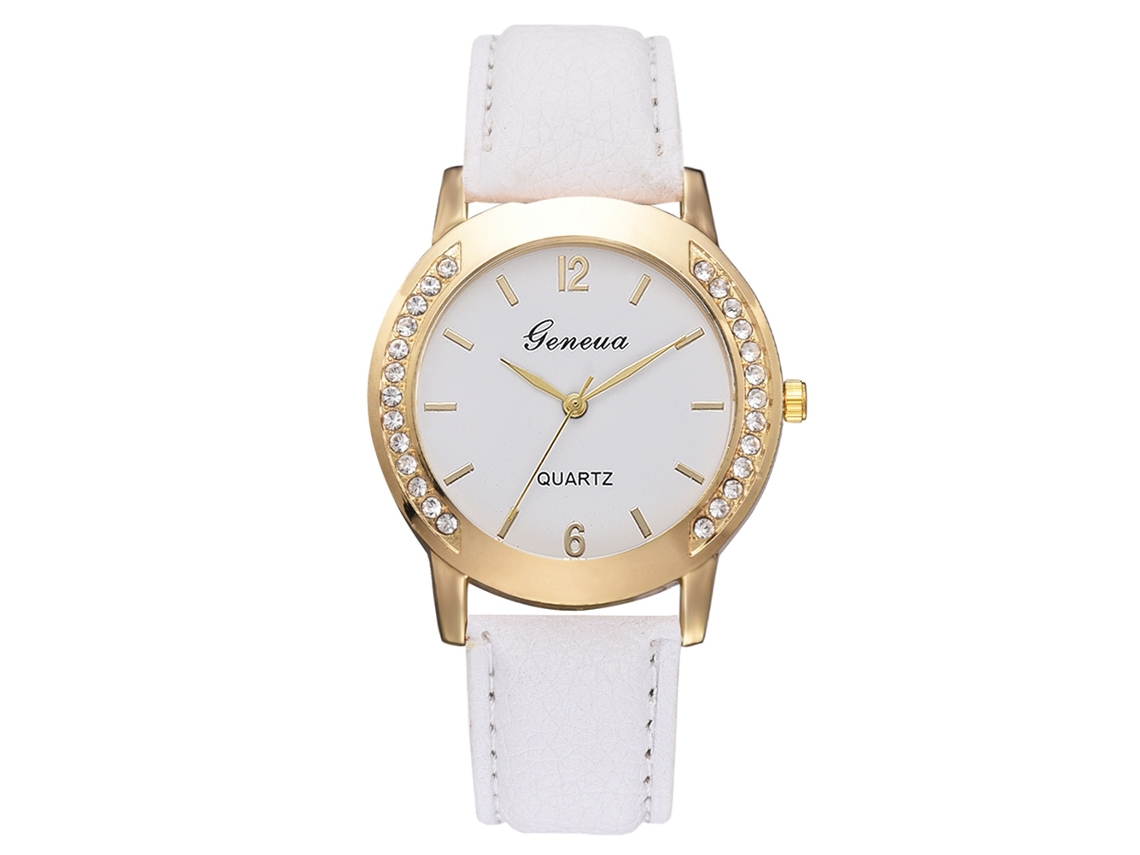 Relógio de Pulso Feminino de Quartzo com Pulseira de Pu e Strass Decoração Branco