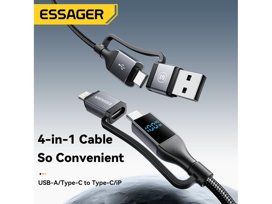 Cabo Usb-a/tipo-c Para Tipo-c/ip Com Visor Digital Essager Es-x70 5a 100w, Transmiss?o De Dados, 0,25m/1m/2m De Comprimento