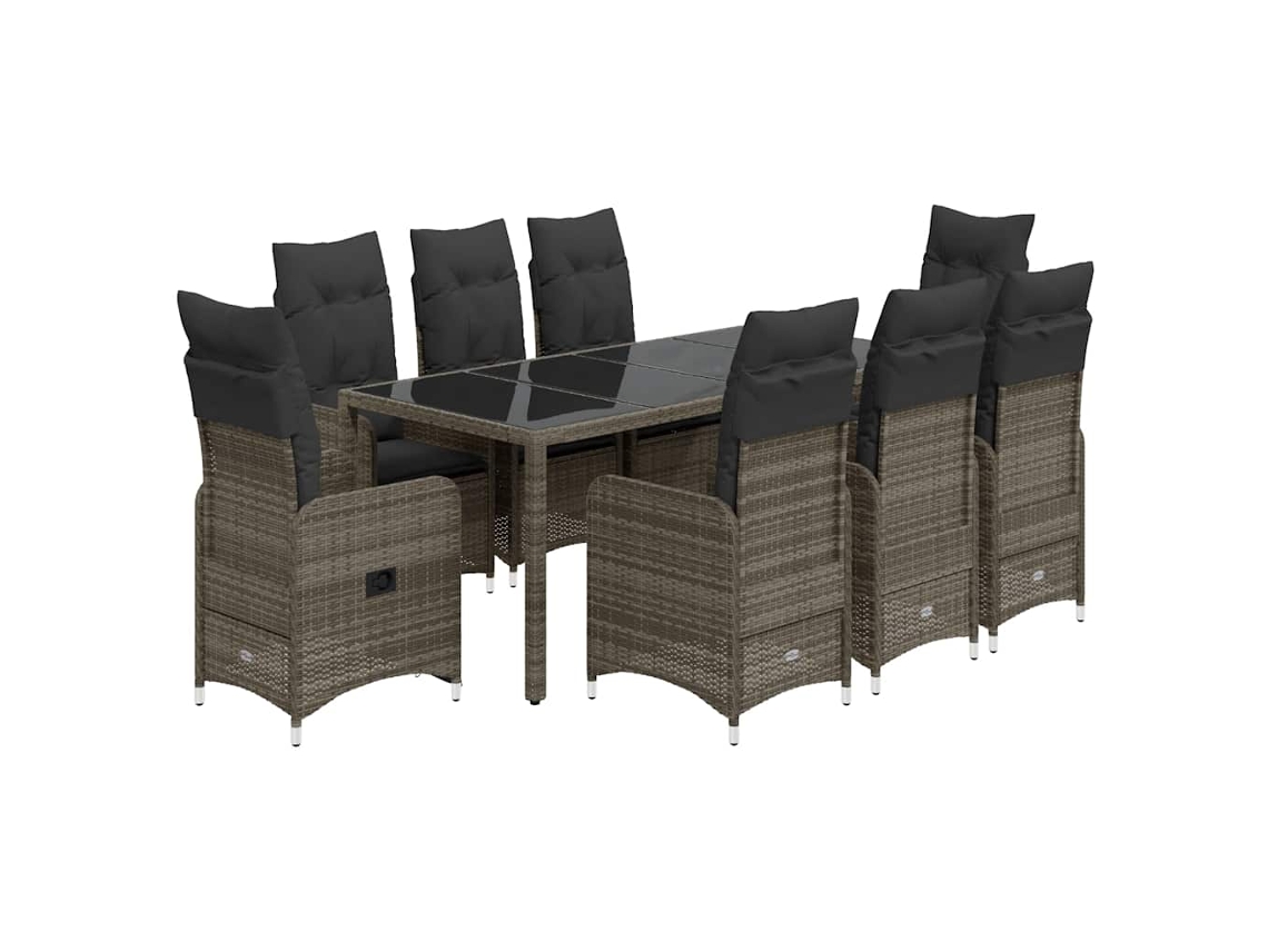 Conjunto 9 bistrô de jardim c/ almofadões VIDAXL vime PE cinzento