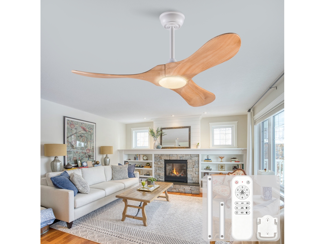 Ventilador De Teto 42 Polegadas Com Luz Led, Três Pás De Madeira Natural, 3cct, Controlo Remoto E Temporizador