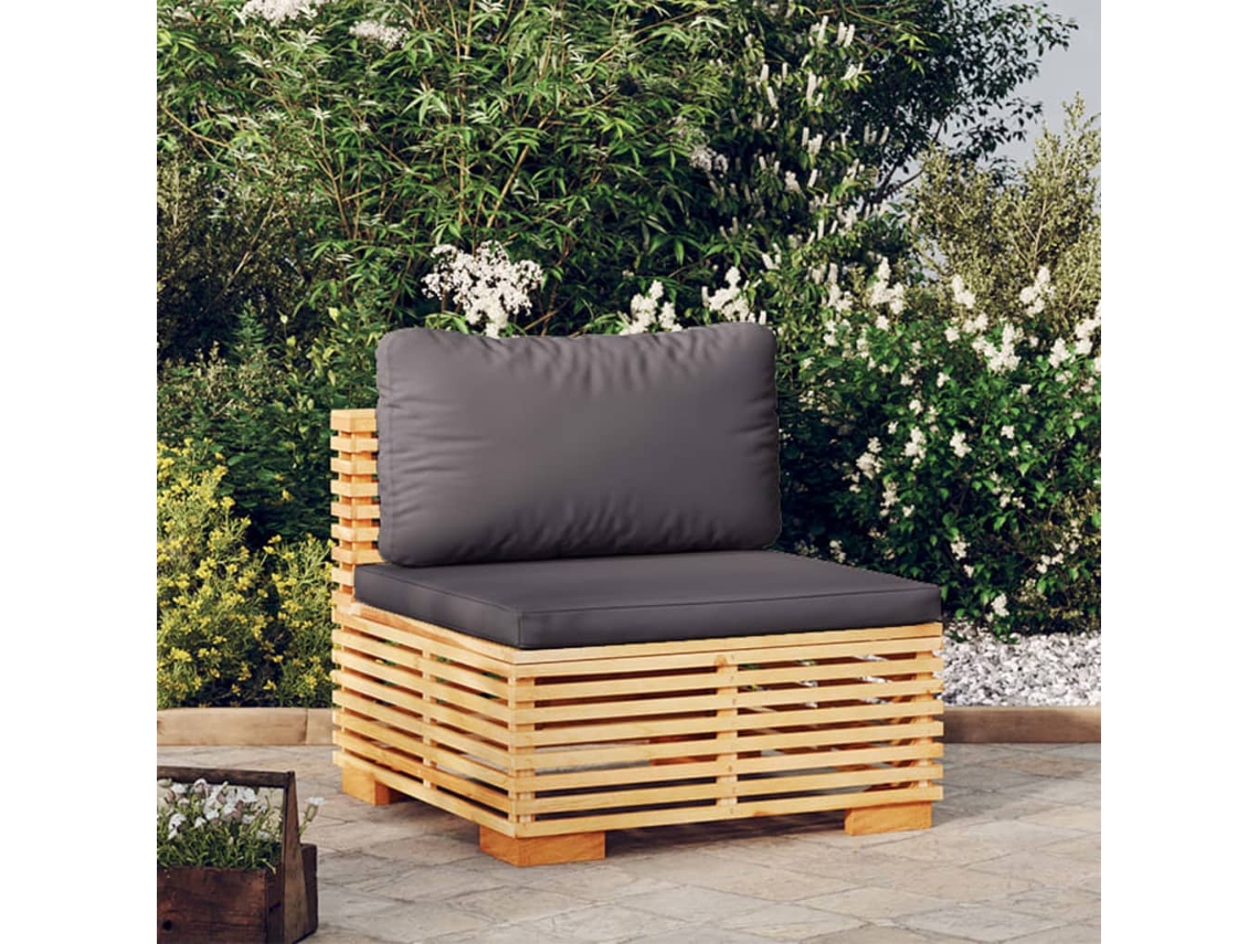 Vidaxl Sofá De Centro P/ Jardim C/ Almofadões Cinza-escuro Teca Maciça