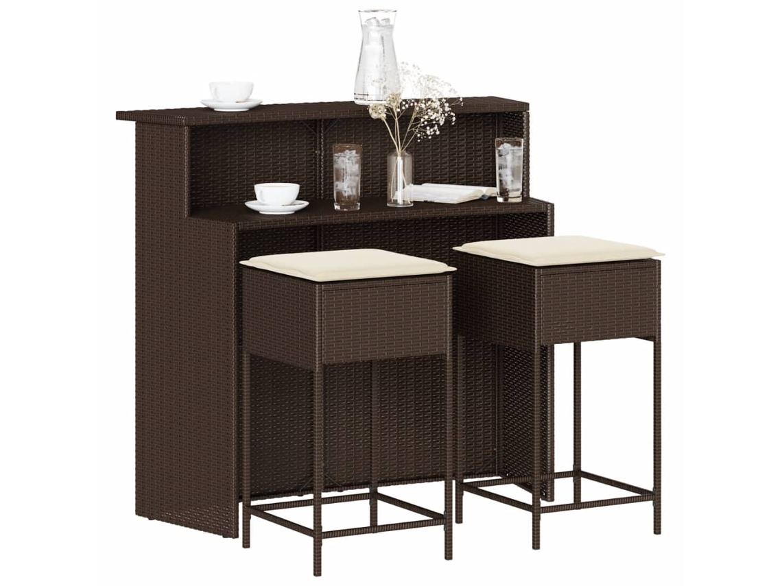 Vidaxl 3 Pcs Conjunto De Bar P/ Jardim Com Almofadões Vime Pe Castanho