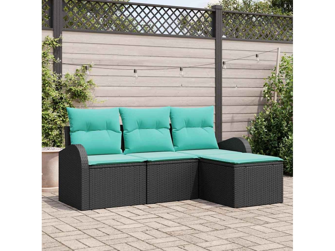 Vidaxl Conjunto De Sofás Com Almofada 4 Pcs Preto E Turquesa Vime Pe