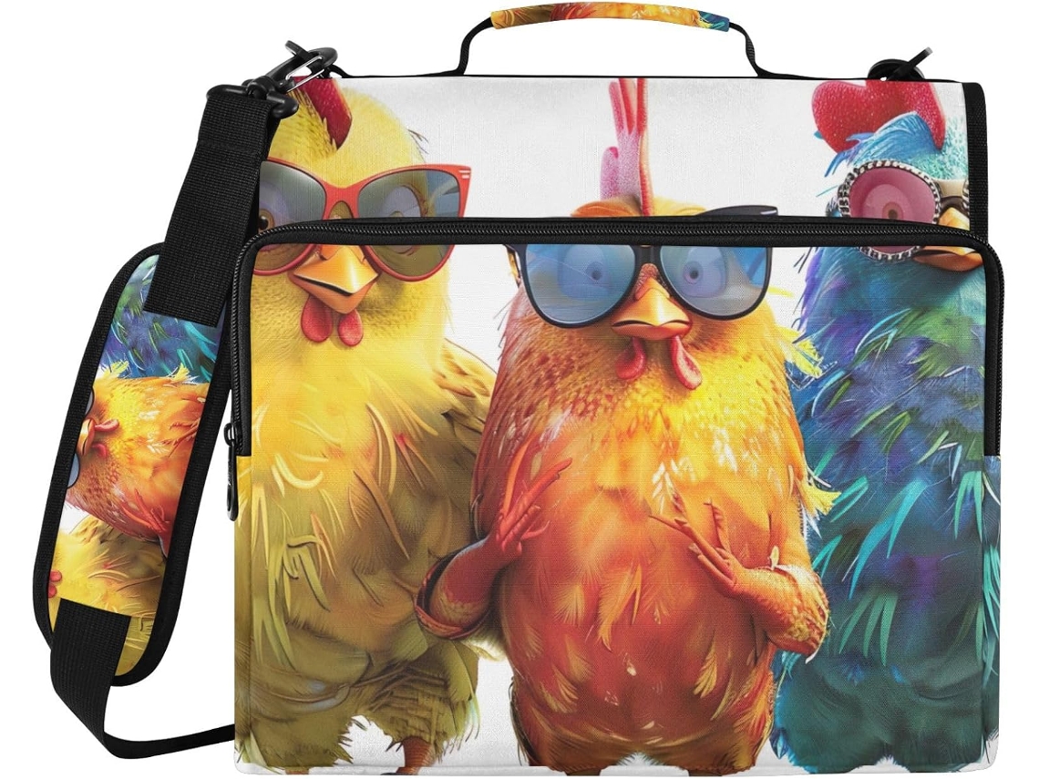 Bolsa Organizadora Divertida Com Estampa De Galinha, Pasta Com Zíper Escola E Escritório, Resistente À Água E Com 3 Argolas