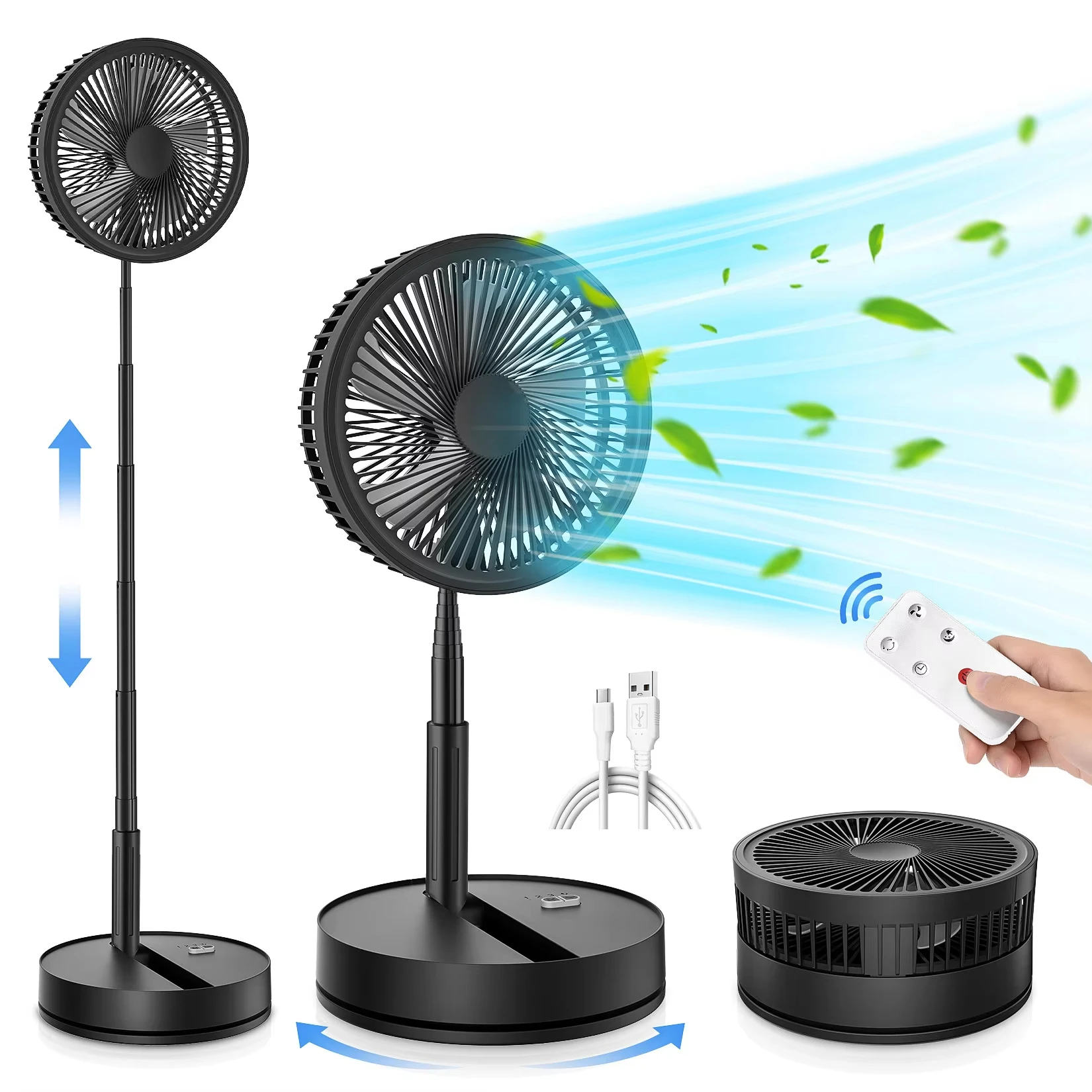 (preto) Ventilador De Chão Portátil Oscilante Com Controle Remoto, Ventilador De Mesa Dobrável, Recarregável.