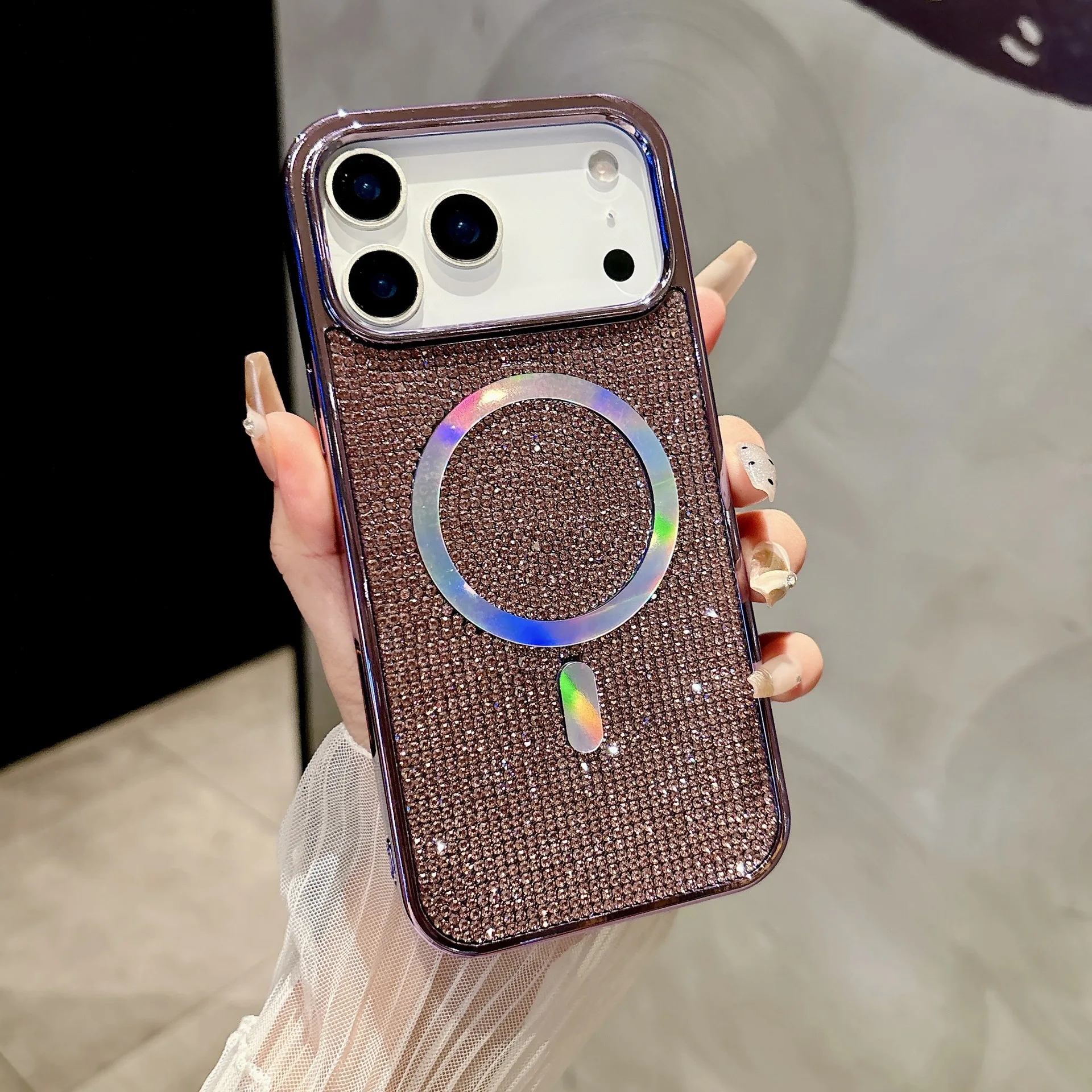 (roxo, Iphone 17 Pro Max) Capa De Celular Luxuosa E Brilhante Com Strass E Revestimento Magnético, Além De Moldura De Metal Eletrogalvanizado.