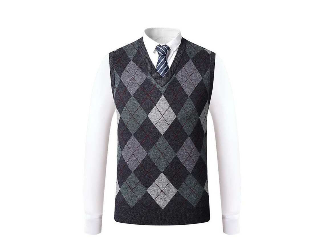 2026-chaleco De Punto Para Hombres Con Cuello V Sin Mangas Tejido Suave Estampado Argyle Gris Burdeos Caqui M Cinza Escuro
