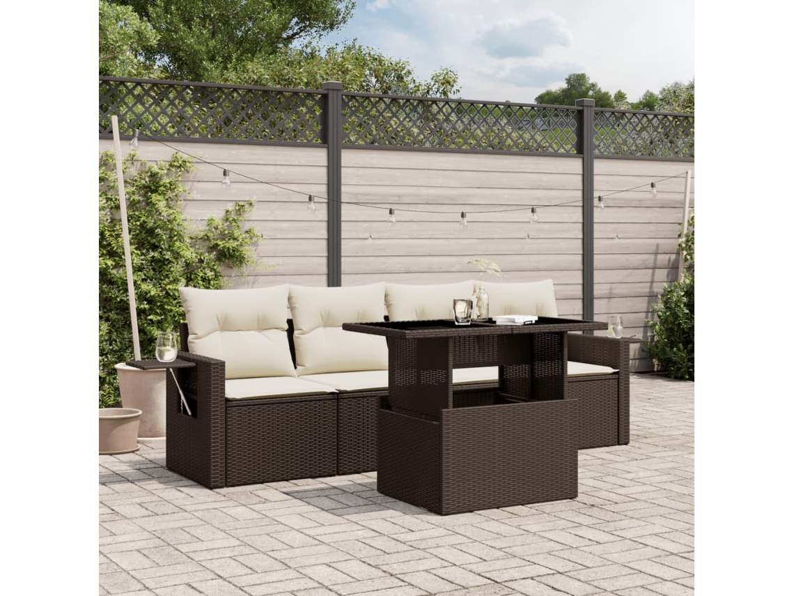 Vidaxl 5 Pcs Conjunto Sofás P/ Jardim C/ Almofadões Vime Pe Castanho