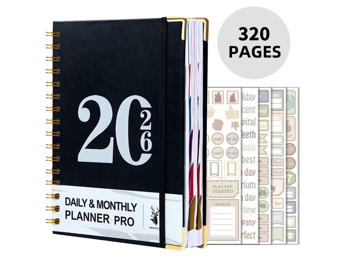 2027-amazon Daily Planner, A5 Leather Spiral Notebook, English Version, 160-sheets + 5-planning Stickers, Black