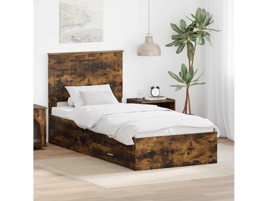 Vidaxl Estrutura Da Cama Com Gaveta Carvalho Defumado 90 X 190 Cm
