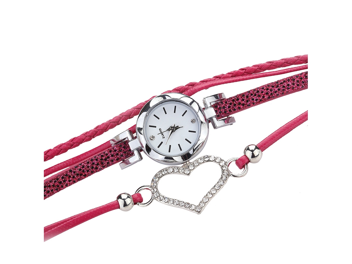 Relógio Feminino Fashion Pulseira Couro Pu Quartzo Strass Rosa Red