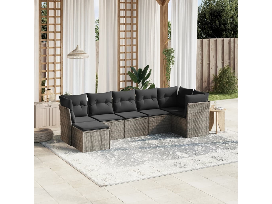 Vidaxl 7 Pcs Conj. Sofás Jardim Com Almofadões Vime Pe Cinzento-claro