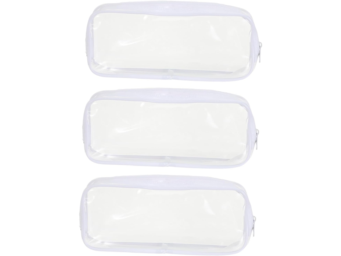 Estojo transparente de PVC com grande capacidade para organizar material escolar, design multifuncional, ideal para provas e exames.