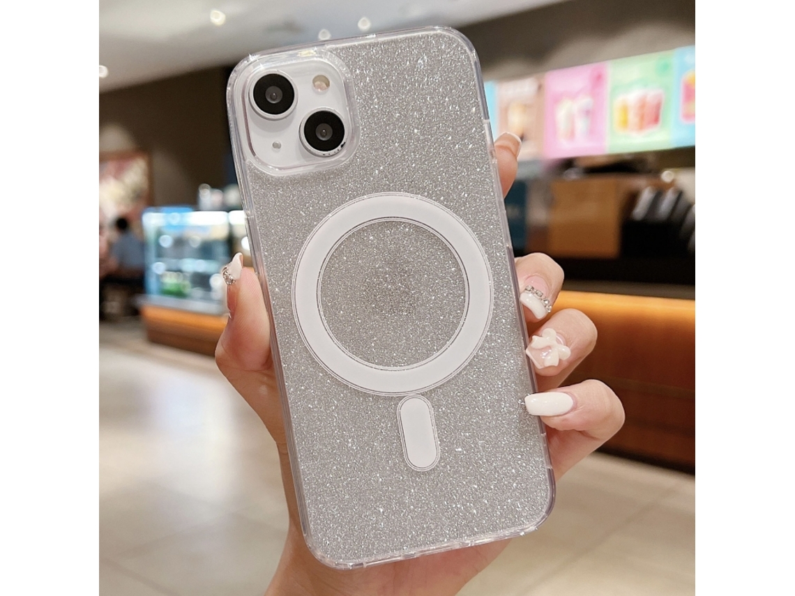 Capa Transparente Com Glitter Para Iphone 14 - Acrílico - Magsafe - Prateada