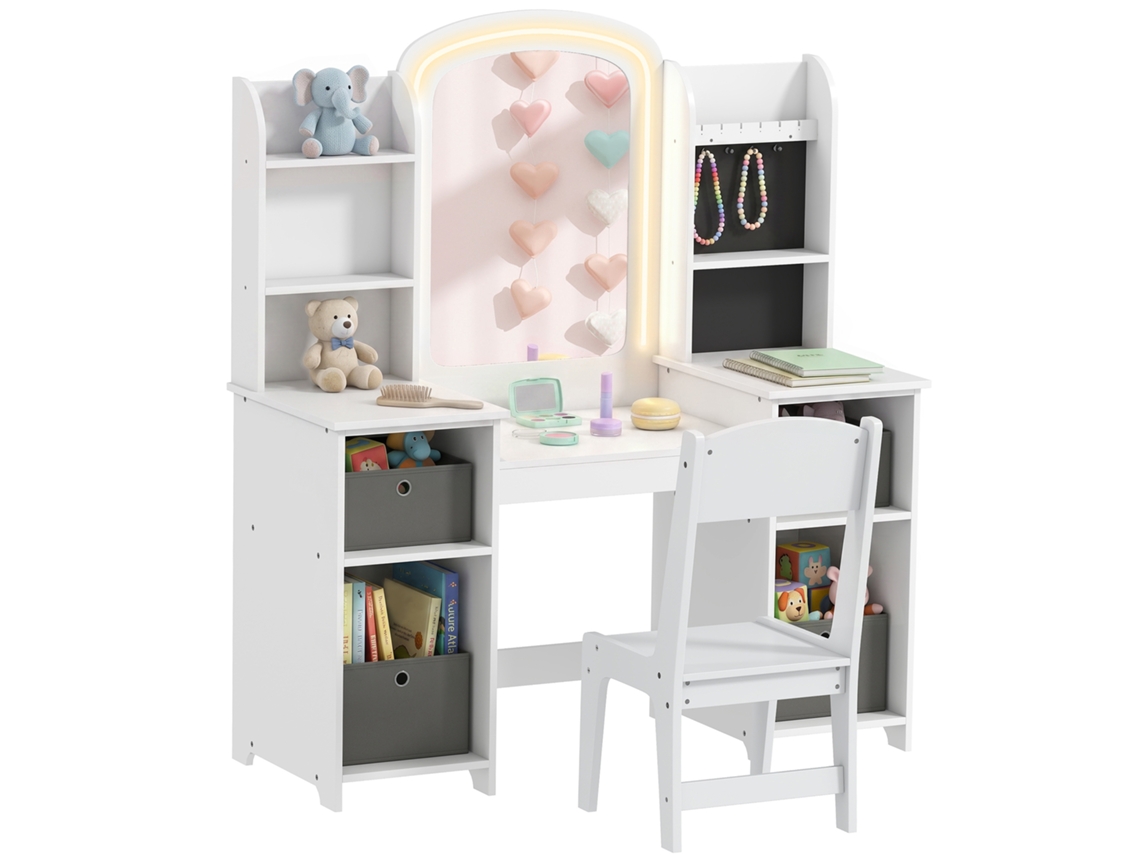 Penteadeira Infantil Com Banco E Espelho Led, Mesa De Beleza Para Crianças 3‑8 Anos 104x40x112 cm, Branco, Móvel Quarto Menina