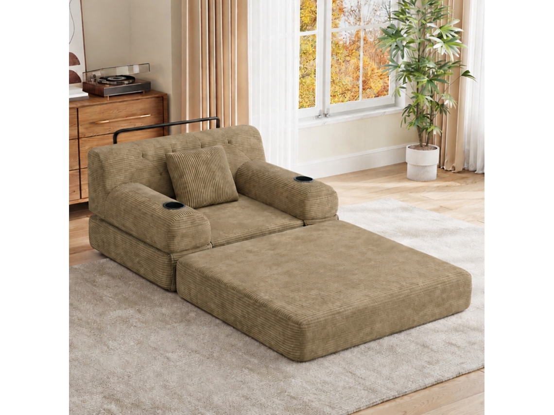 Sofá-cama, Em Veludo Cotelê, Com Porta-copos, Para Sala De Estar, Cáqui