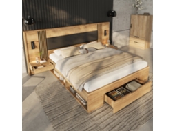 Cama de casal 180x200 cm em madeira com arrumação, candeeiro de leitura, 2 mesas de cabeceira, gavetas, natural VSOGA