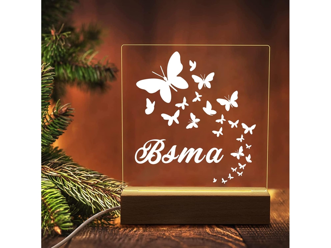 Luminária noturna de LED personalizada com nome, desenho de Fada, Borboleta, Dinossauro, Elfo, Motocicleta ou Animal, em acrílico 3D.