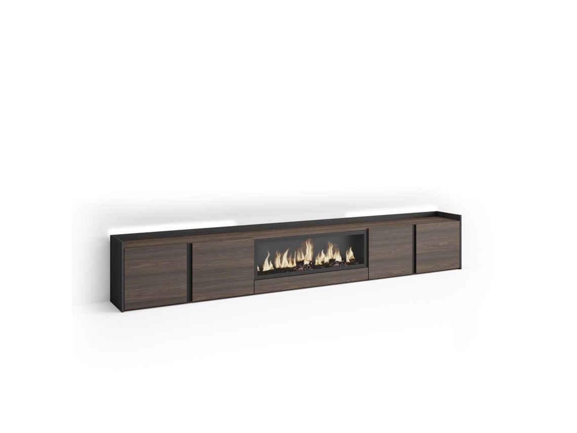 Tv Móvel, 315x35x50cm, Para Televisores Até 80'', Xxl Elétrica Lareira, Led, Carvalho Escuro E Preto