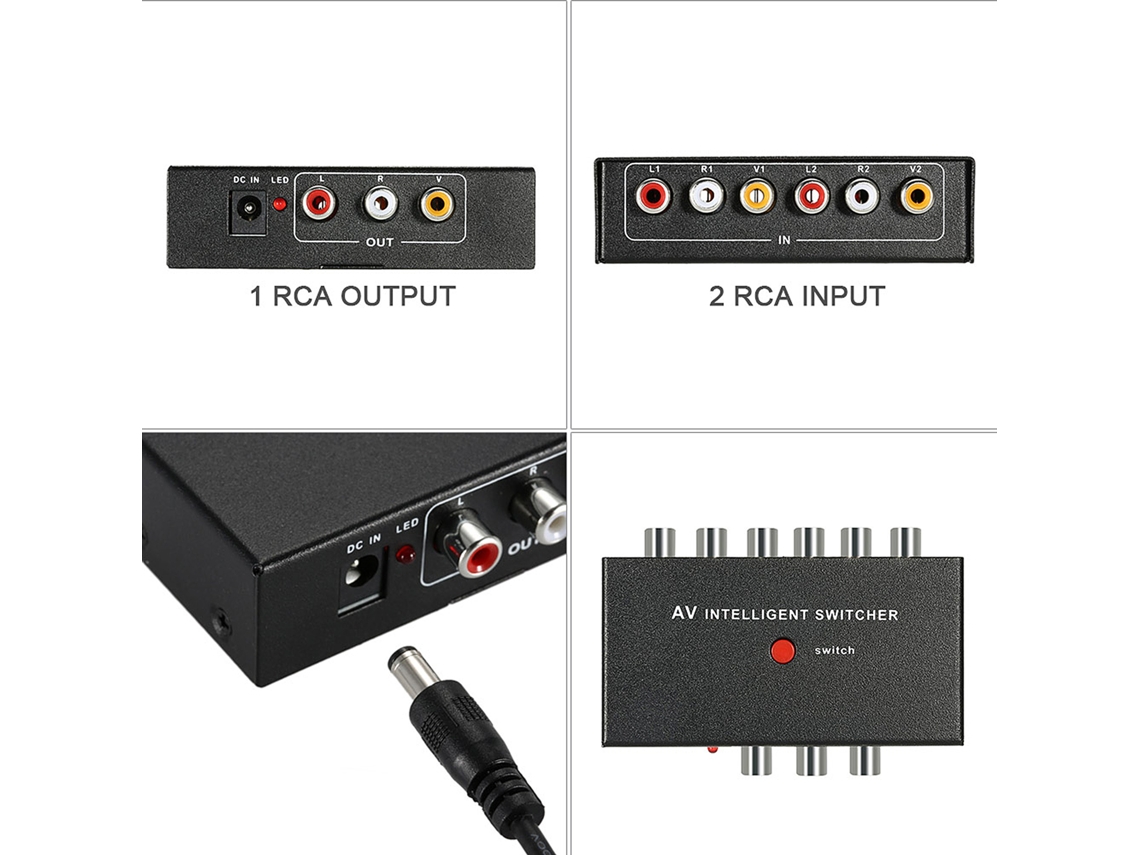 Switcher De Áudio E Vídeo Rca 2 Para 1 Com Controle Automático/manual Para Dvd Câmera Car Dvr Monitor