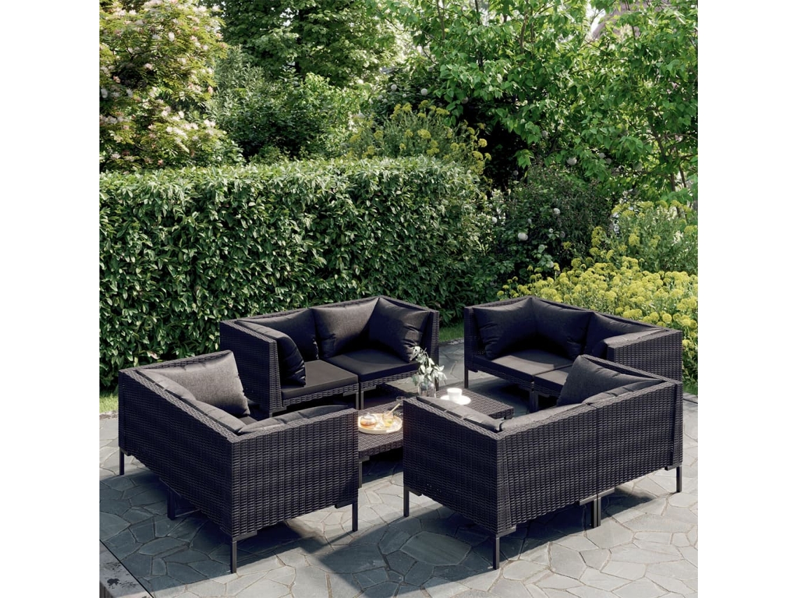 Vidaxl 9 Pcs Conj. Lounge Jardim C/ Almofadões Vime Pe Cinzento-escuro