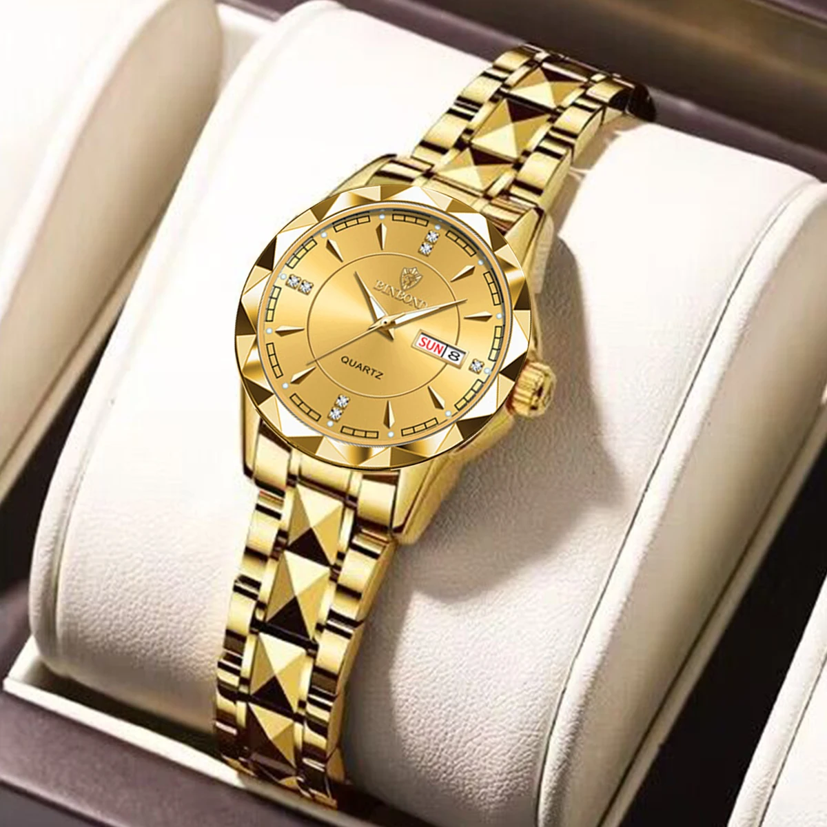 Relógio Feminino de Quartzo Elegante e à Prova D'água MDUG (pulseira Amarela, Caixa Azul)