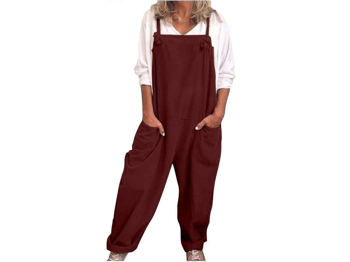 Macacão Feminino Casual Solto De Algodão E Linho Com Bolsos Para Verão E Primavera Vinho