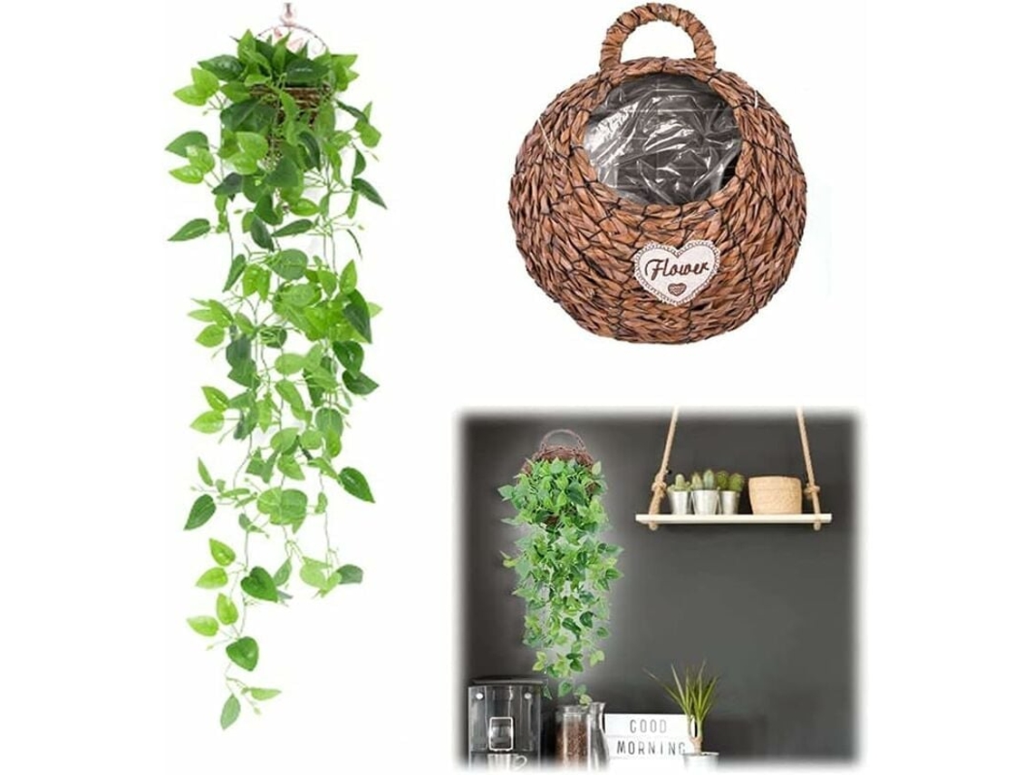 Guirlanda de Hera Artificial 100 Cm com Cesto Madeira para Decoração Escritórios, Varandas, Casamentos e Jardins BRILVIBERA