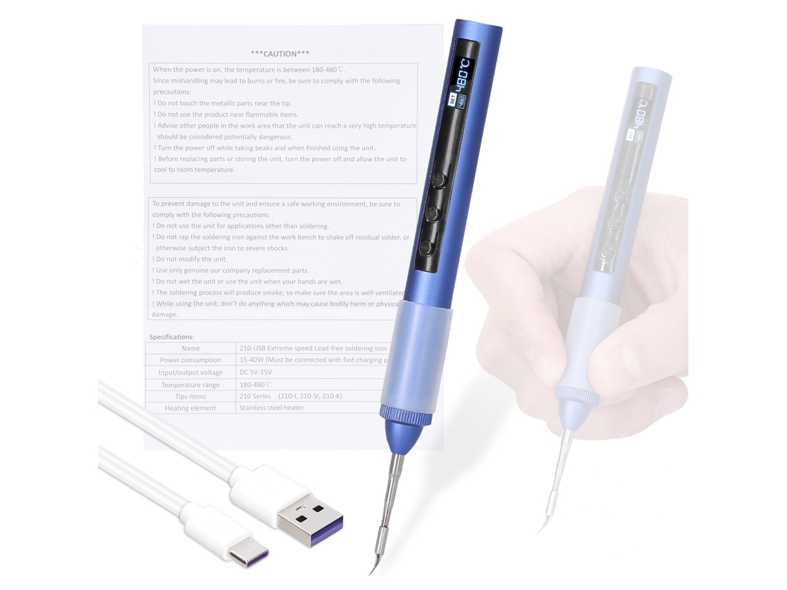 Ferro de soldar elétrico portátil inteligente com USB, 180-480℃, tecido LED, função de calibração e ajuste de temperatura.