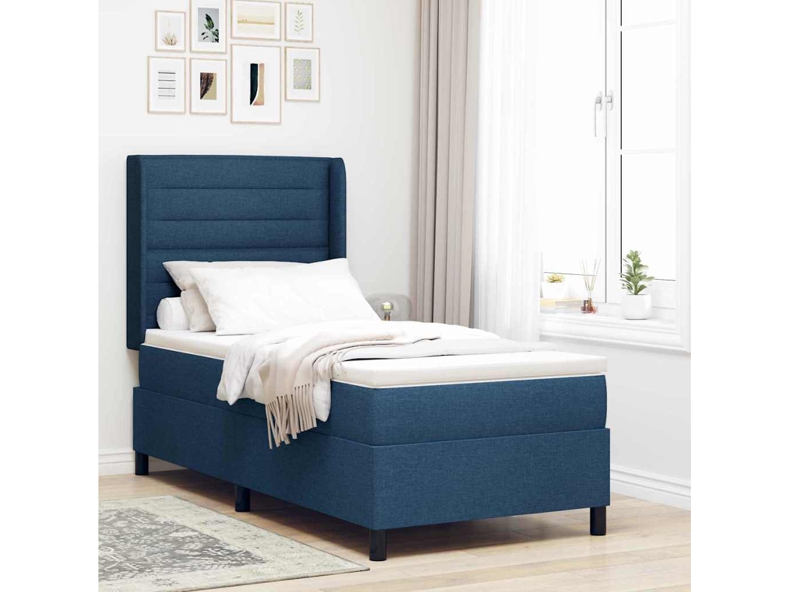 Vidaxl Cama Box Com Almofada Com Cabeceira Azul 190 X 90 Cm Tecido