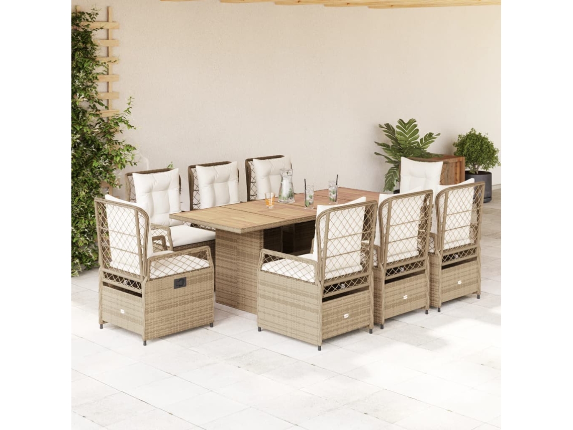 9 Pcs Conjunto De Jantar P/ Jardim Com Almofadões Vime Pe Bege Dkd Home Decor